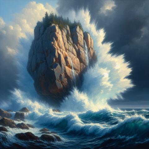 A giant wave crashing against a rock | Created with Image Creator by Microsoft Bing | Public Domain